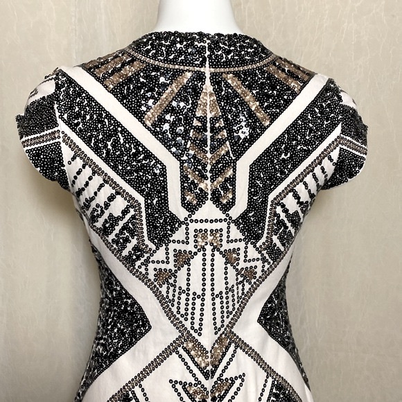 Express cocktail dress cream in color with black and gold sequins. Medium - Picture 6 of 13